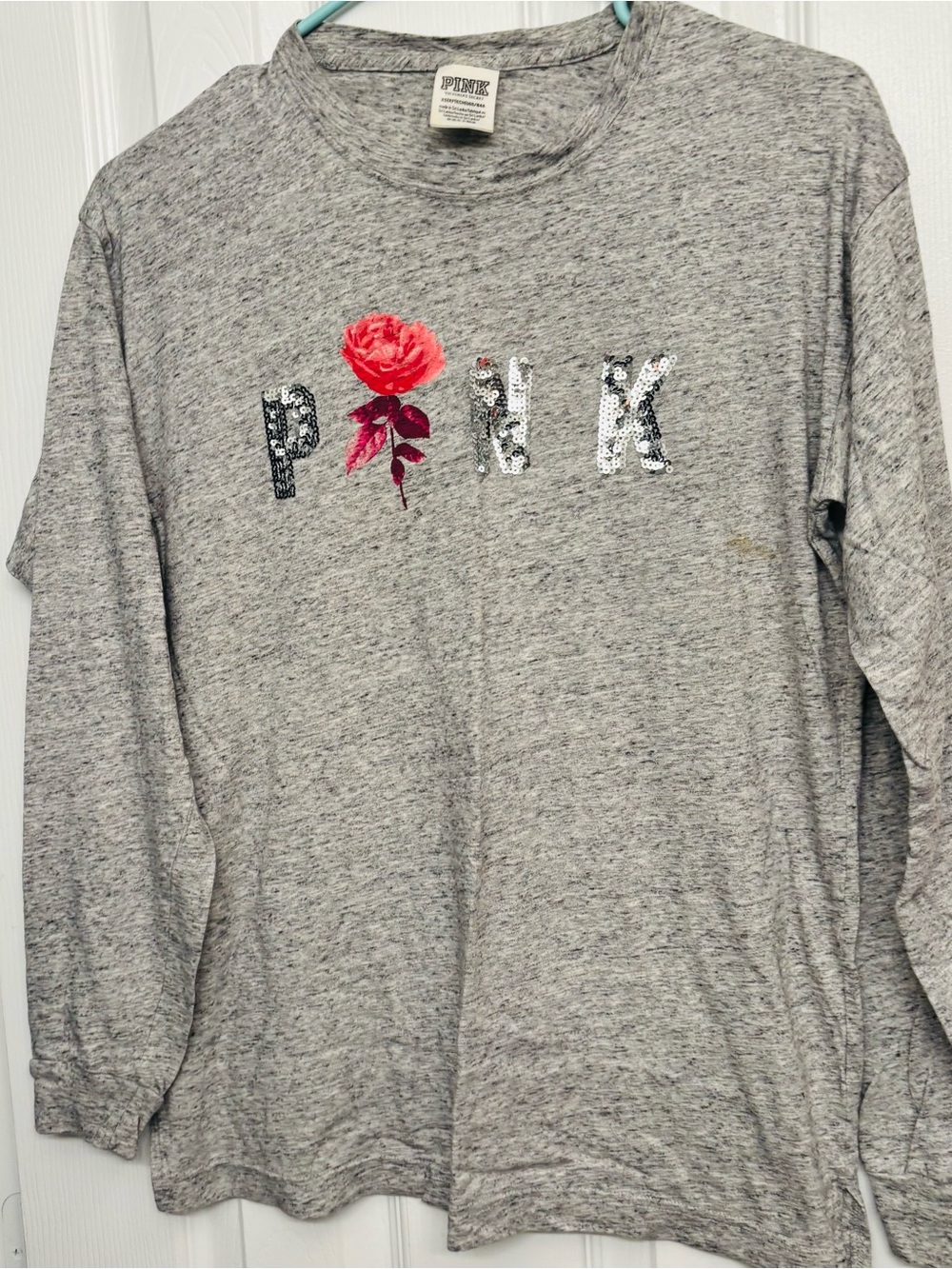 PINK Victoria's Secret Girls' Gray Long-Sleeve Tee with Floral Sequin Logo